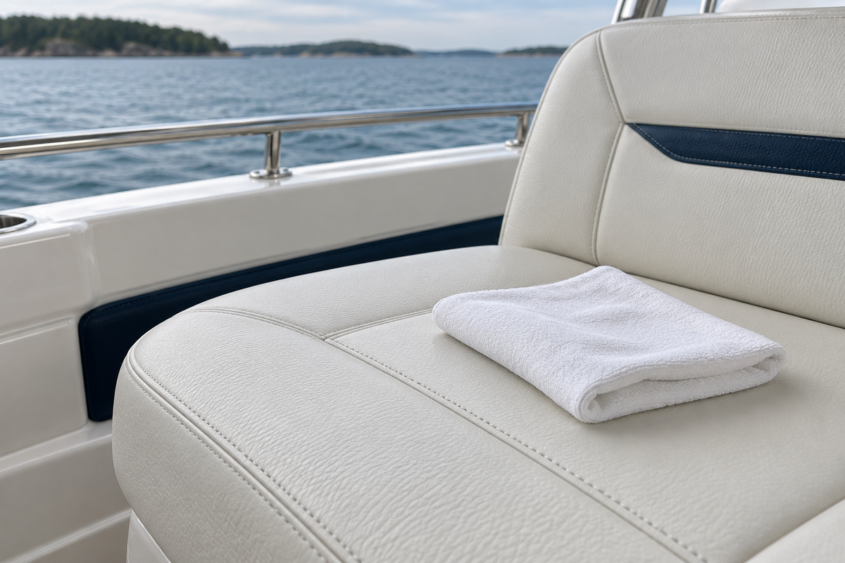 A folded white cloth rests on an off-white vinyl boat seat beside a stainless railing and calm water.